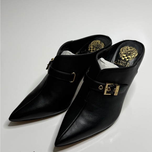 Vince Camuto Black Leather Mules with Gold Buckle - Picture 2 of 3